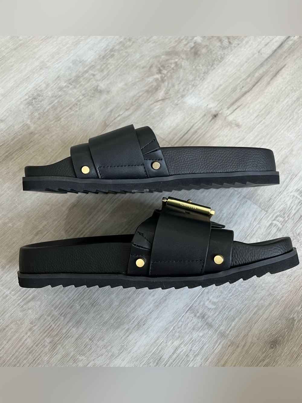 AllSaints Ellie Stud Slider Black Leather Gold Sandal Shoe 9 / EU 39 NWT NWOB - Picture 5 of 11